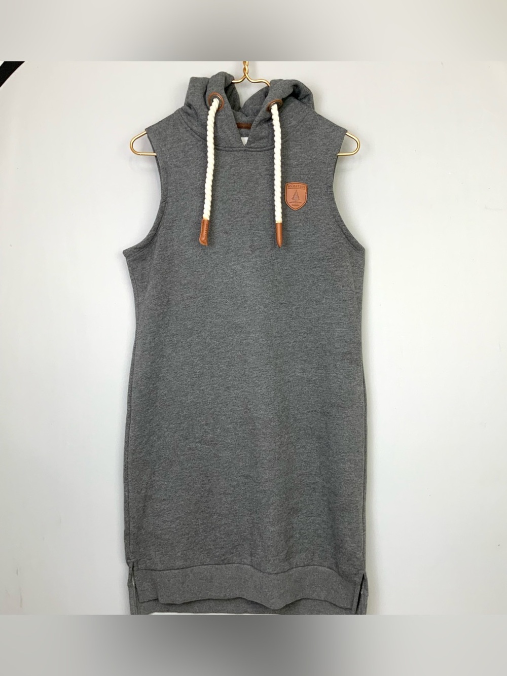 Wanakome Sz Medium Gray Hooded Sweatshirt Sleeveless Dress Rope Drawstring